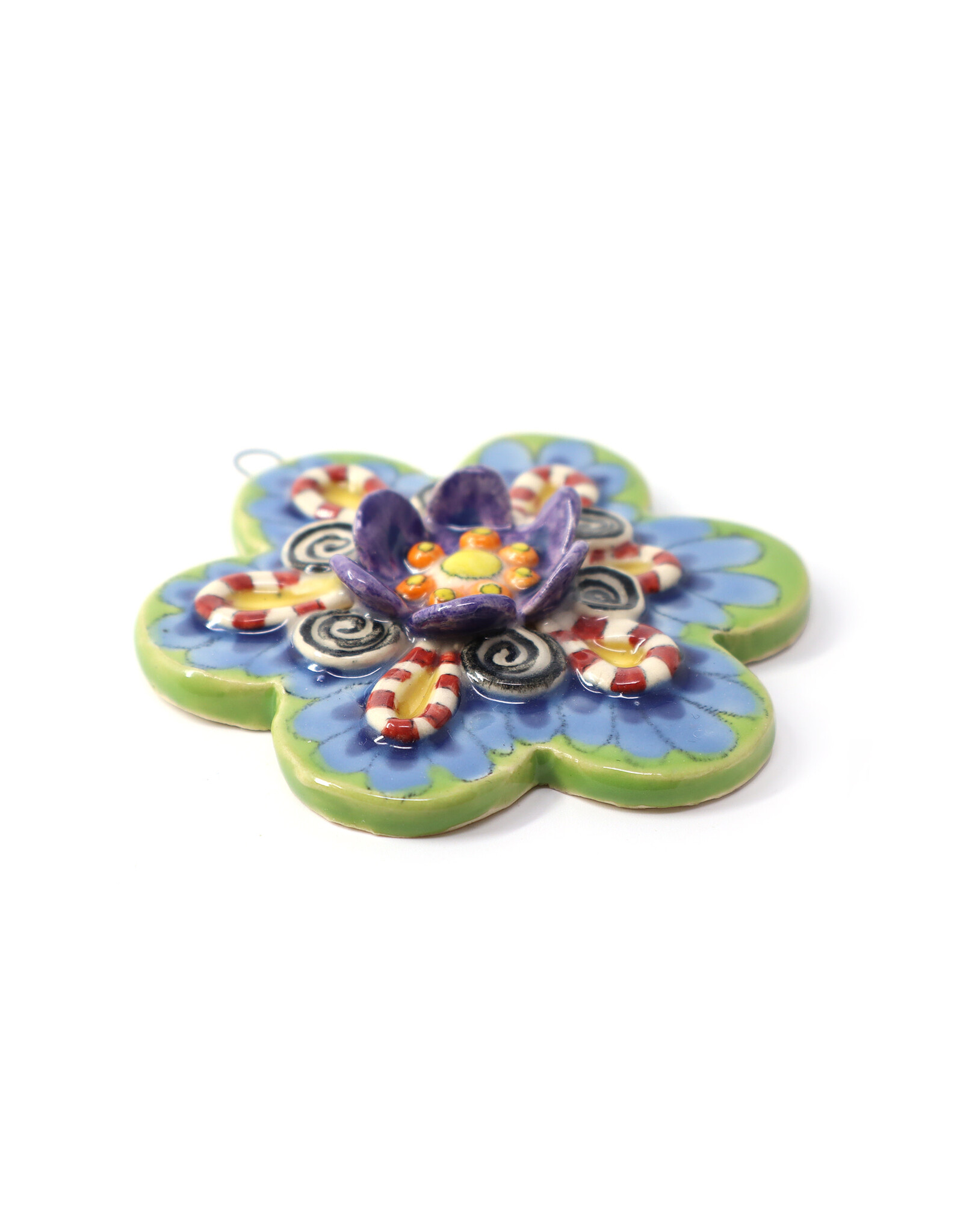 Atomic Girl Pottery Ceramic Multi-Colored Stripes & Swirls Flower with Raised Petals Ornament