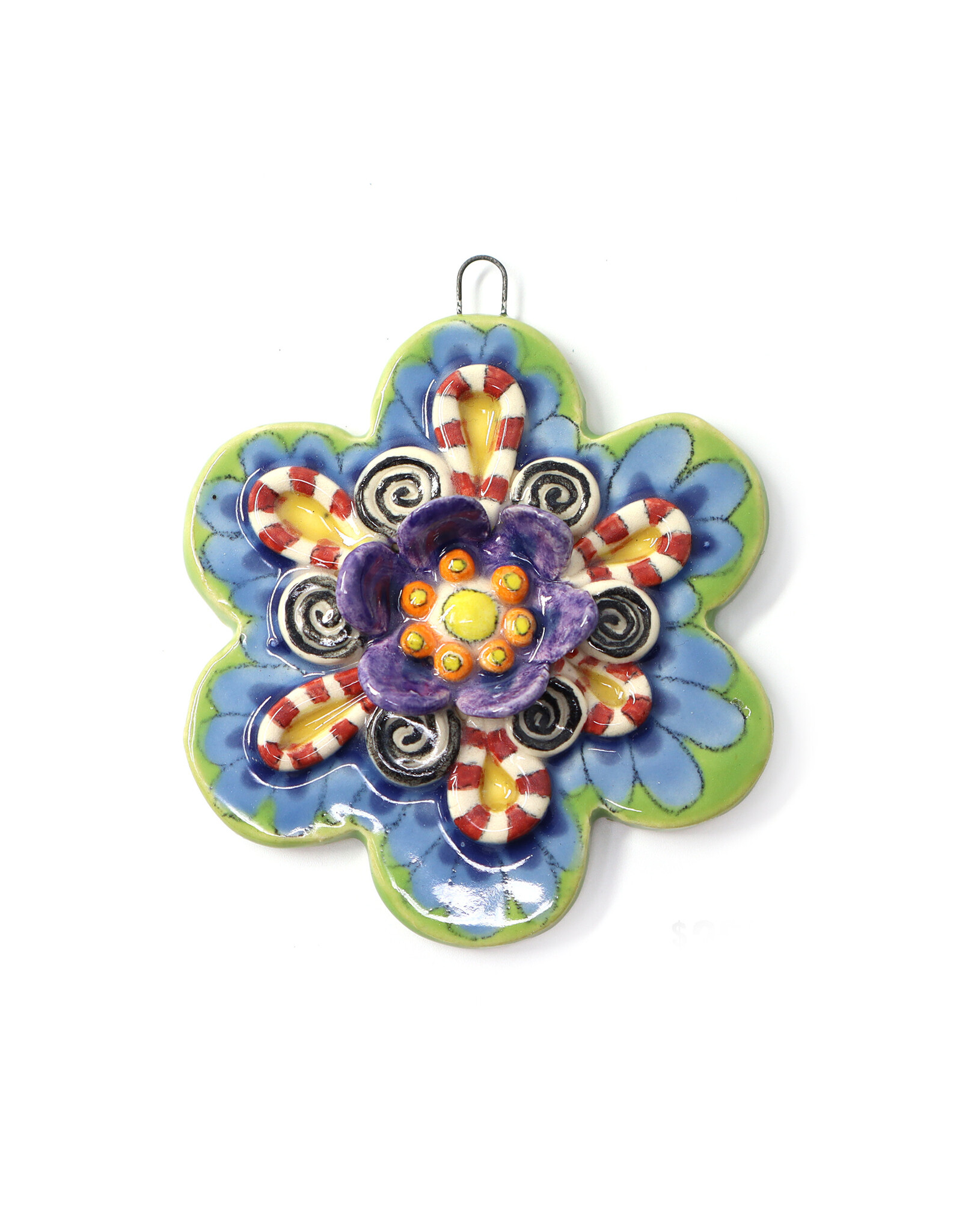 Atomic Girl Pottery Ceramic Multi-Colored Stripes & Swirls Flower with Raised Petals Ornament