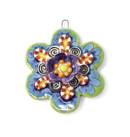 Atomic Girl Pottery Ceramic Multi-Colored Stripes & Swirls Flower with Raised Petals Ornament