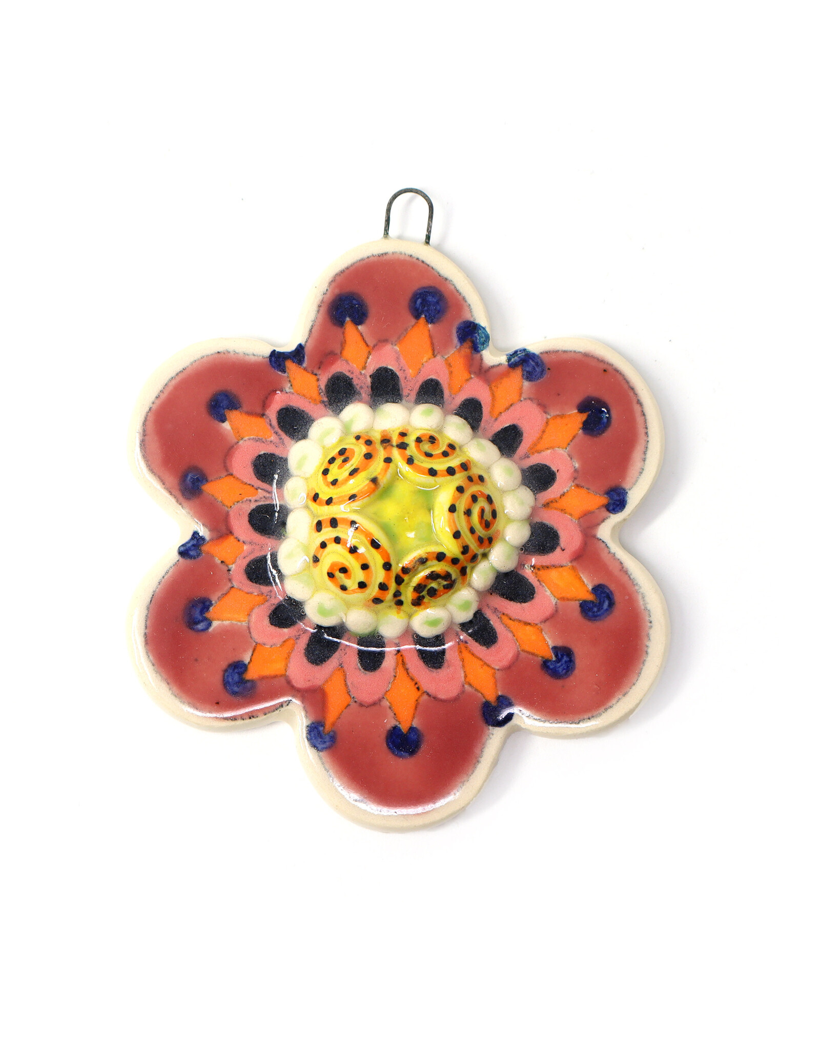 Atomic Girl Pottery Ceramic Red & Orange Flower with Swirl Dome Ornament