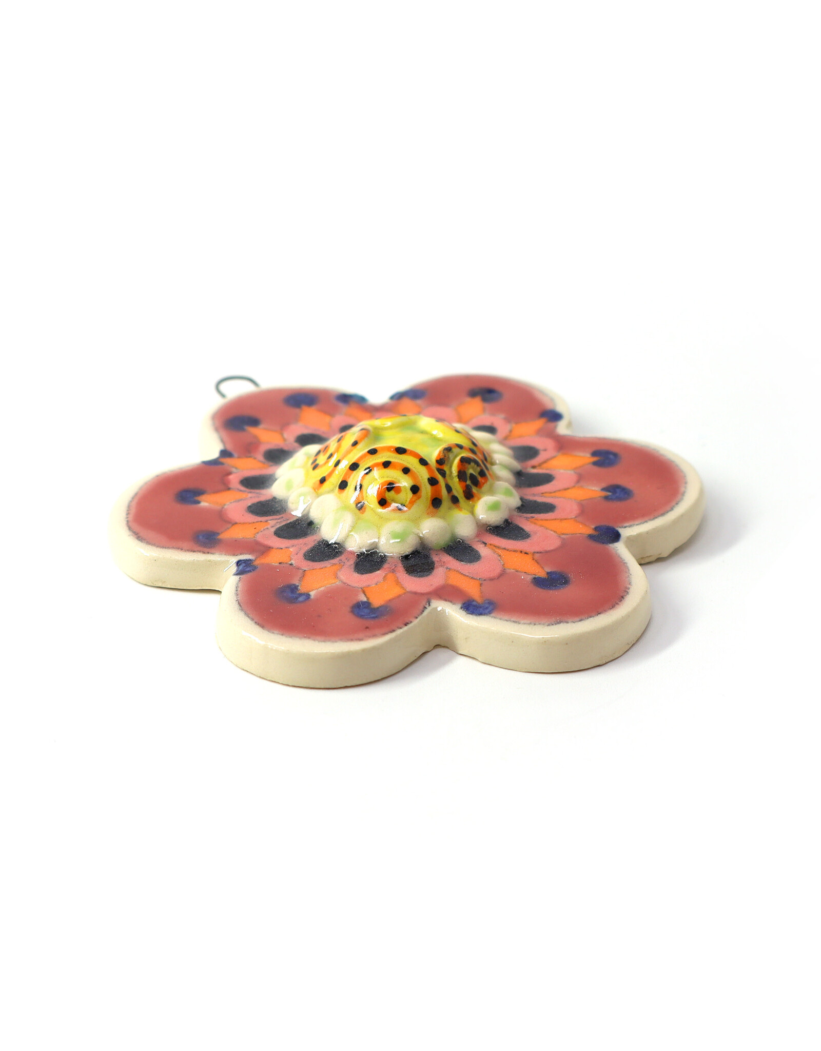 Atomic Girl Pottery Ceramic Red & Orange Flower with Swirl Dome Ornament