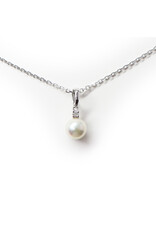 Single Pearl and Small Diamond 18K White Gold Pendant on Adjustable 18K White Gold Cable Chain