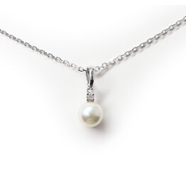 Single Pearl and Small Diamond 18K White Gold Pendant on Adjustable 18K White Gold Cable Chain