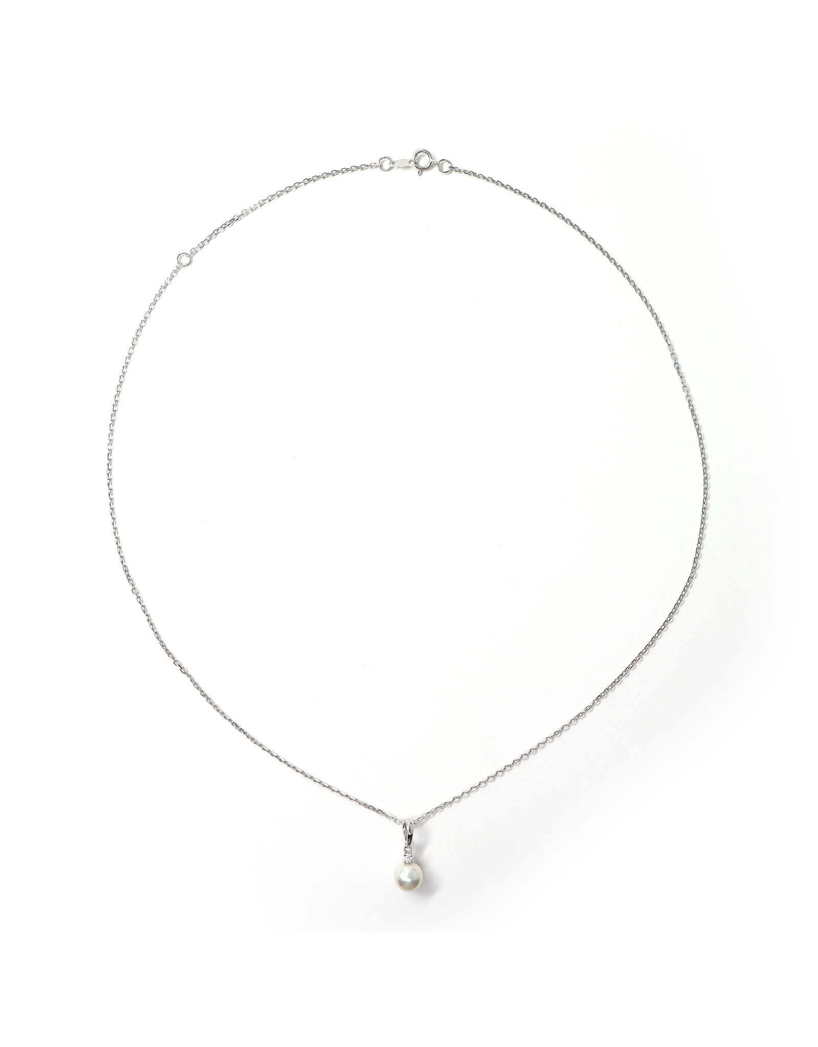 Single Pearl and Small Diamond 18K White Gold Pendant on Adjustable 18K White Gold Cable Chain