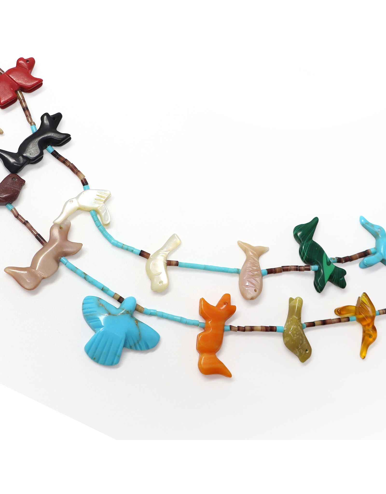 Double-Strand Zuni Fetish Necklace with Carved Turquoise Thunderbird and 35 Fetishes