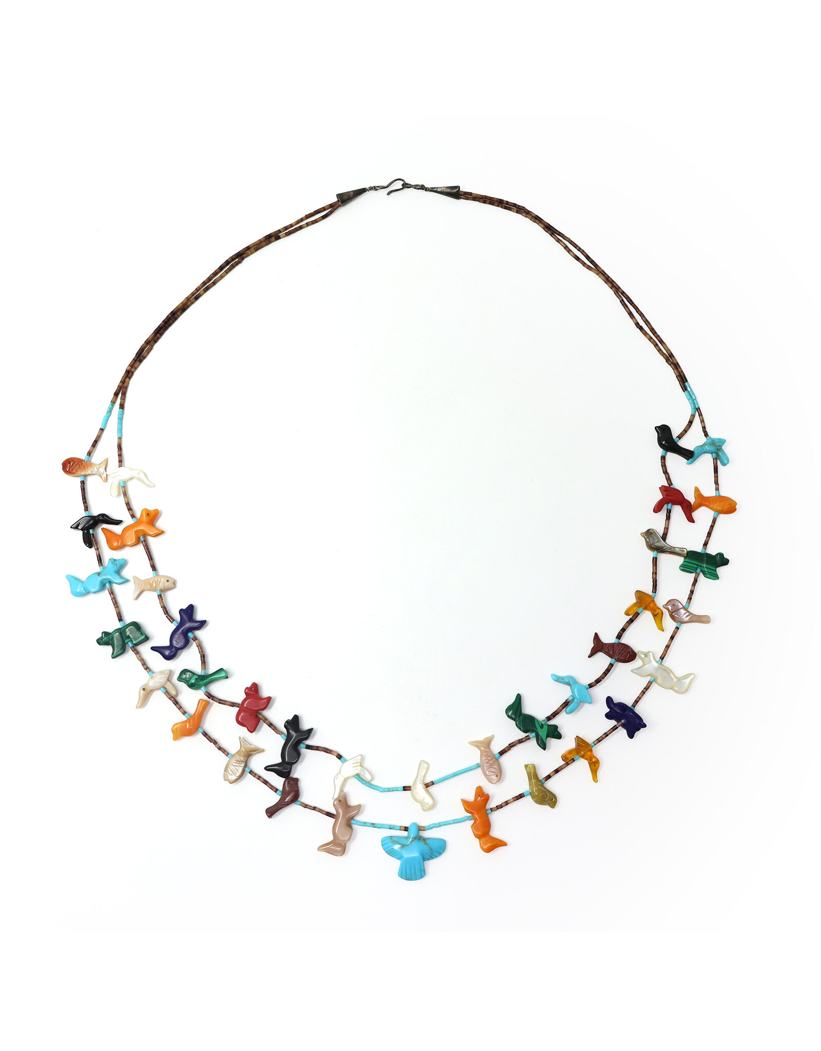 Double-Strand Zuni Fetish Necklace with Carved Turquoise Thunderbird and 35 Fetishes