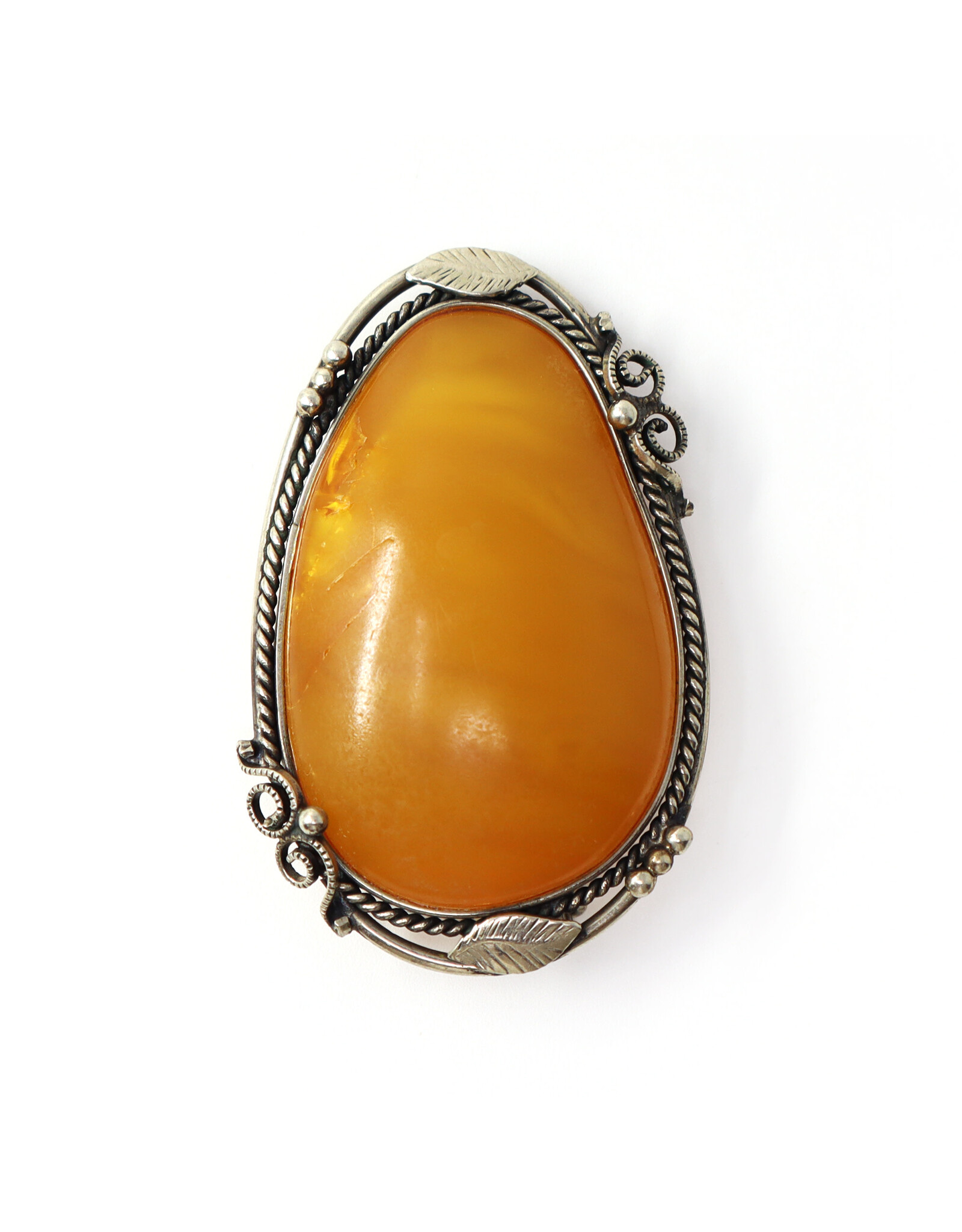 Large Cloudy Amber Brooch with Leafy Frame