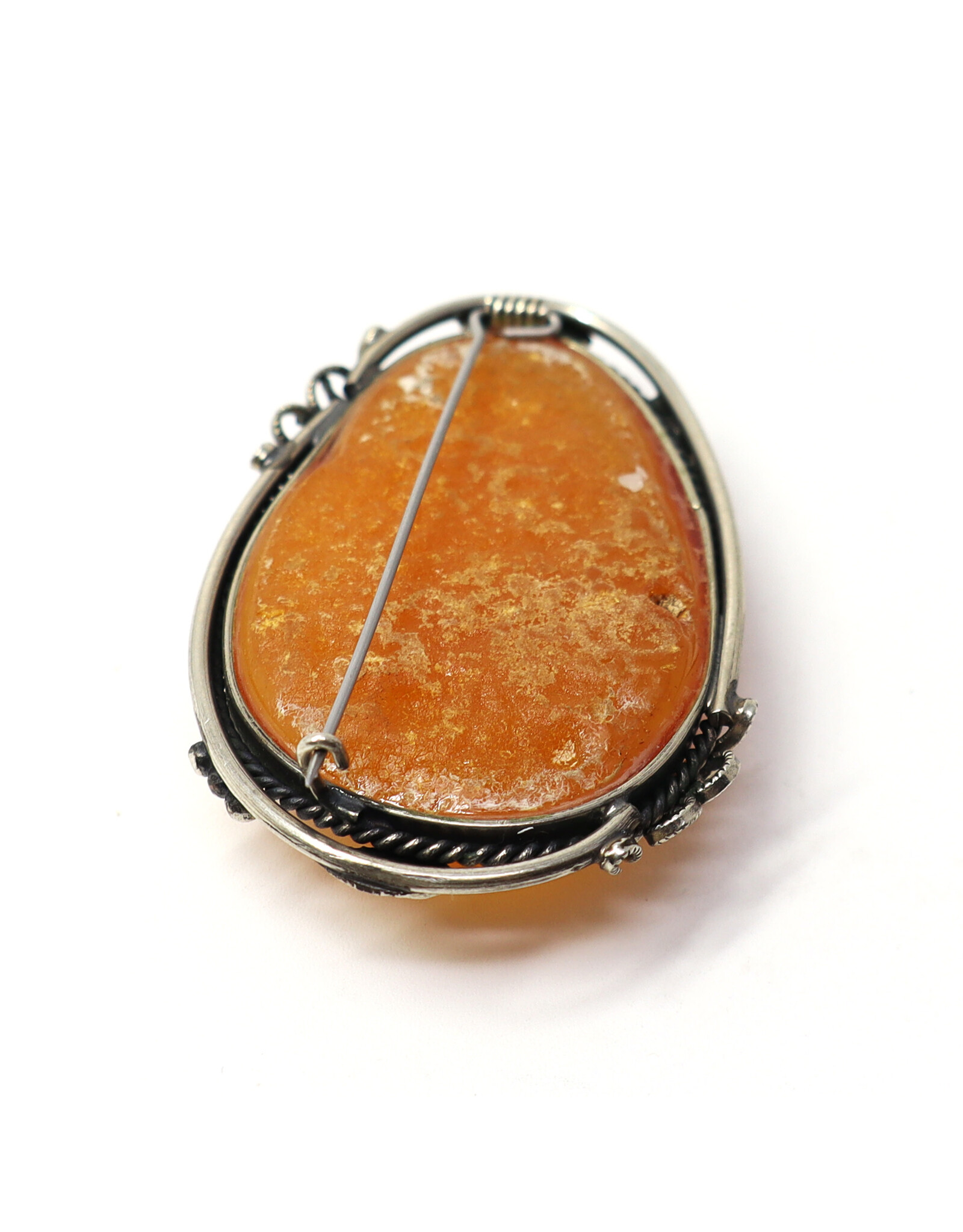 Large Cloudy Amber Brooch with Leafy Frame