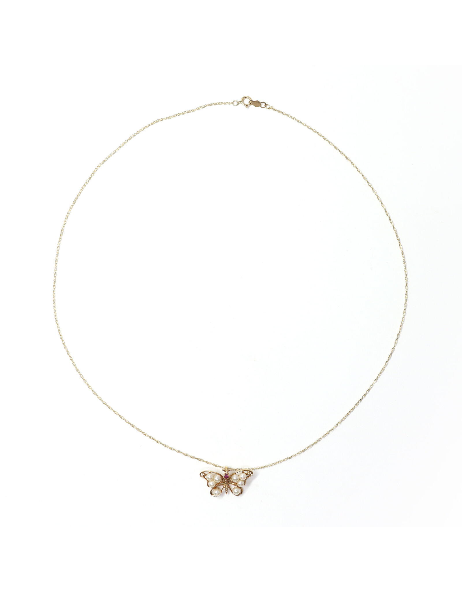 14K Gold Butterfly Pendant with Spinel and 8 Pearls on Dainty Wheat Chain