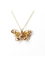 14K Gold Butterfly Pendant with Spinel and 8 Pearls on Dainty Wheat Chain