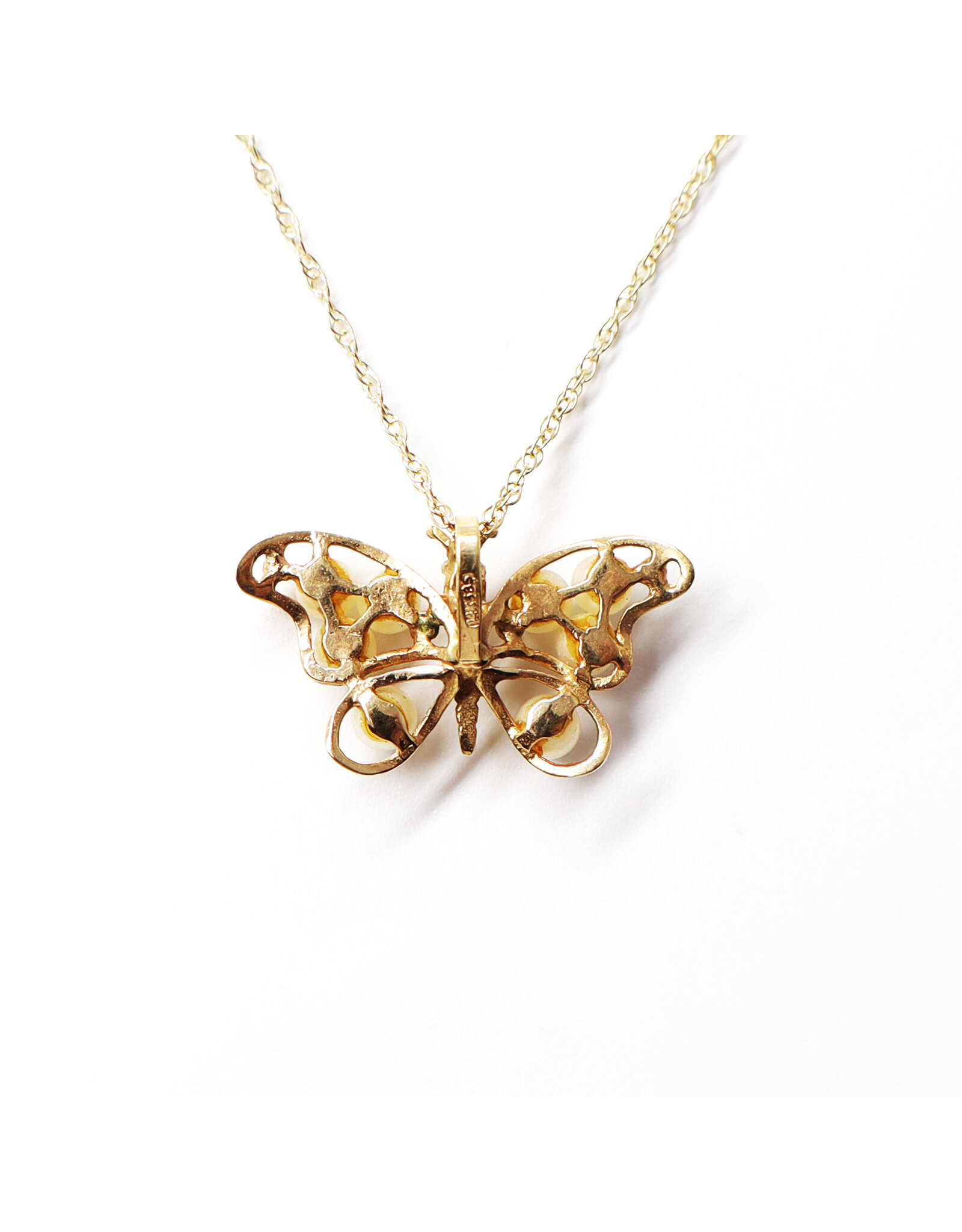14K Gold Butterfly Pendant with Spinel and 8 Pearls on Dainty Wheat Chain