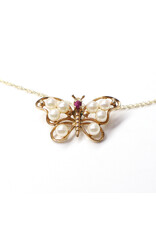 14K Gold Butterfly Pendant with Spinel and 8 Pearls on Dainty Wheat Chain
