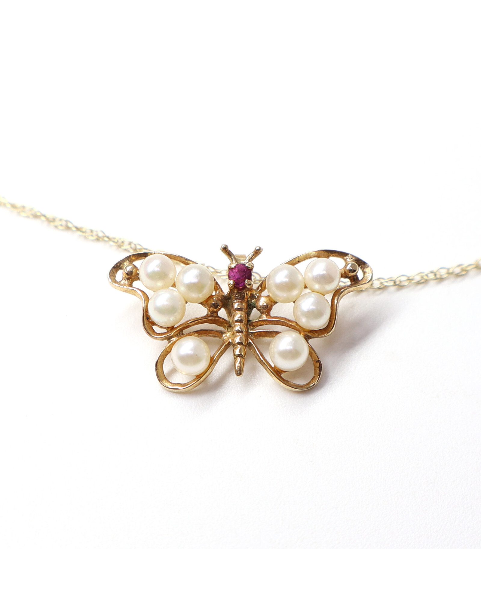14K Gold Butterfly Pendant with Spinel and 8 Pearls on Dainty Wheat Chain