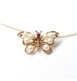 14K Gold Butterfly Pendant with Spinel and 8 Pearls on Dainty Wheat Chain