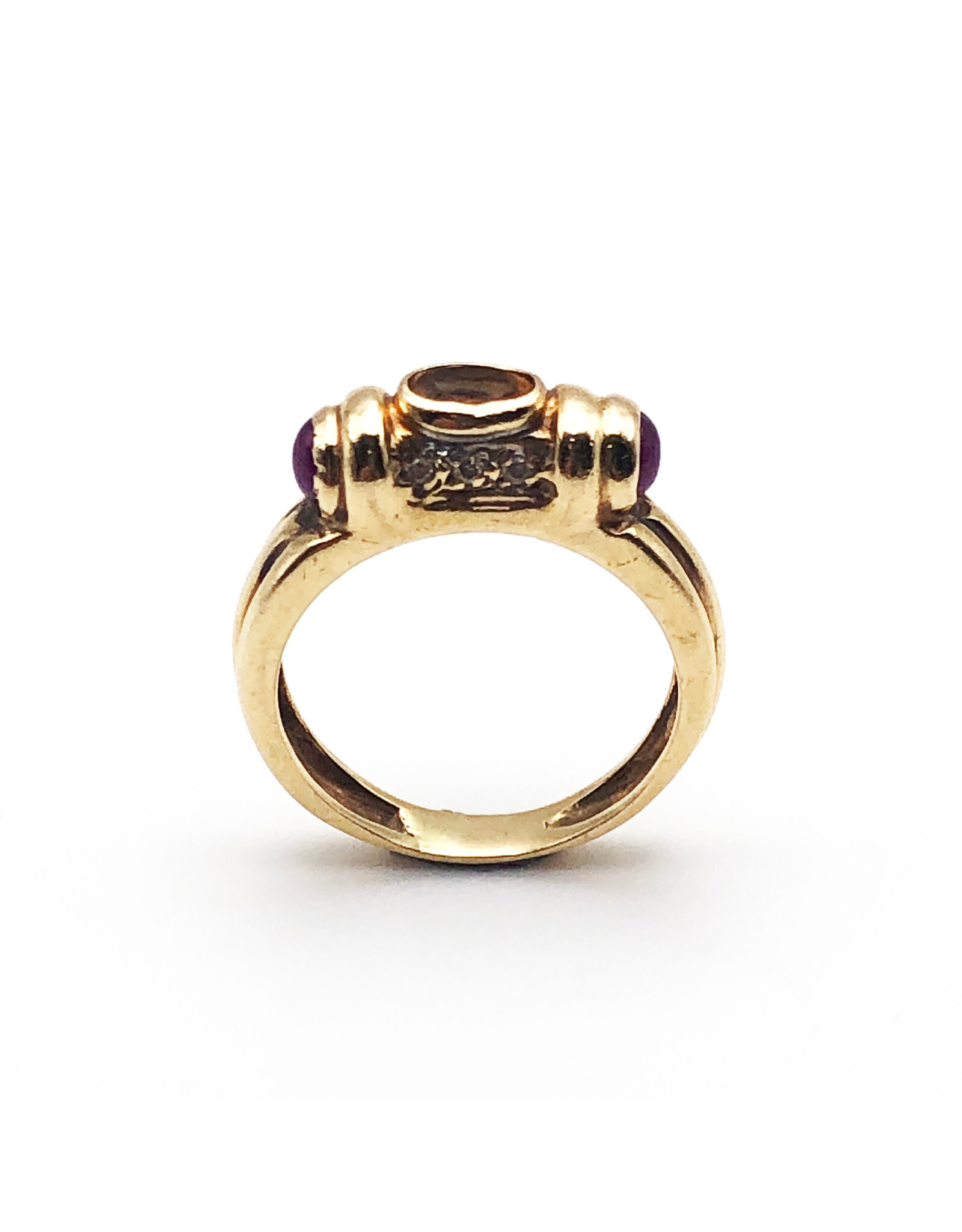 14K Gold Ring with 1 Citrine 2 Rubies and 6 Diamond Chips