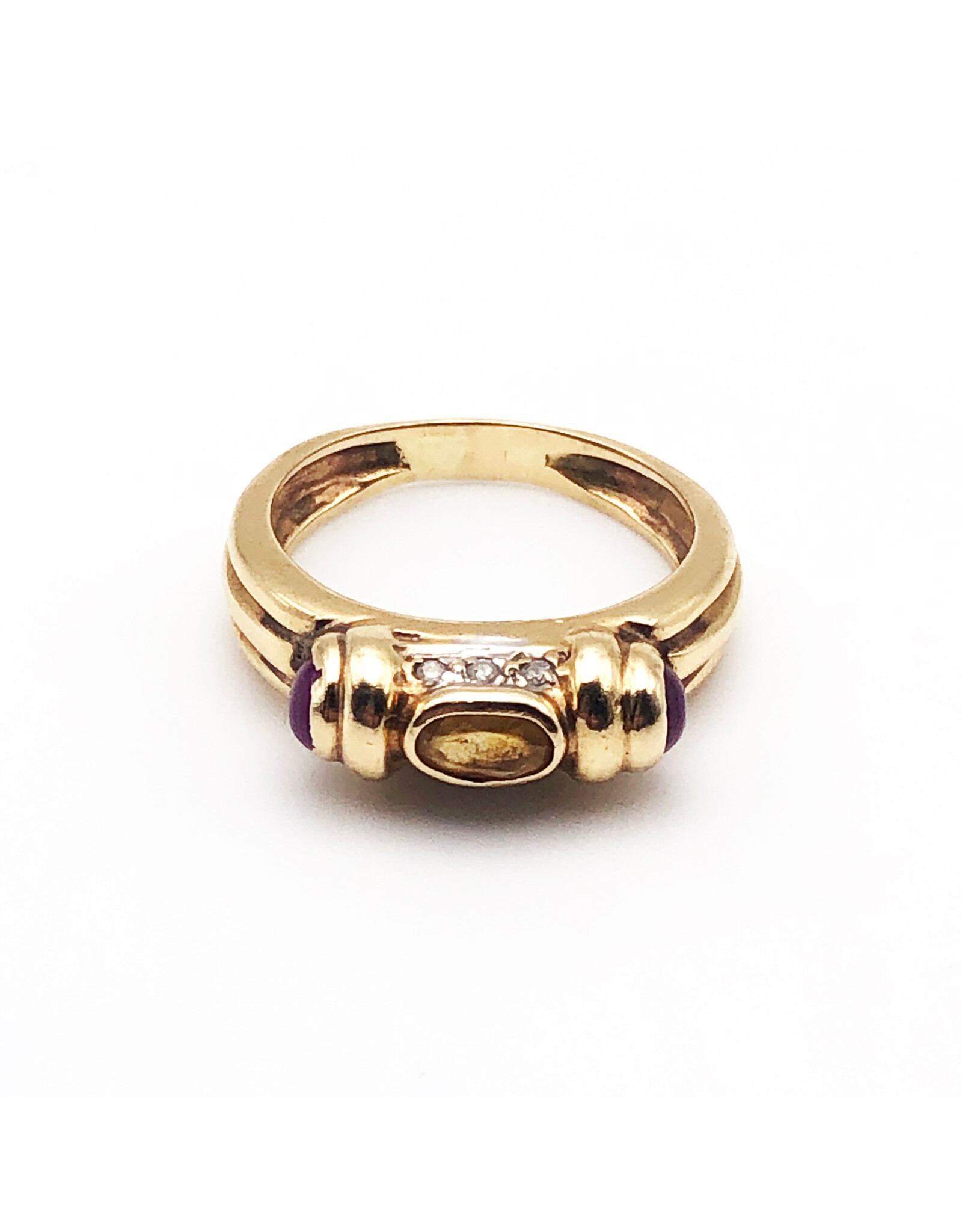14K Gold Ring with 1 Citrine 2 Rubies and 6 Diamond Chips