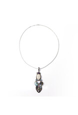 Elongated Sterling Brooch with Carved Bone Face and Assorted Gemstones on Sterling Box Chain