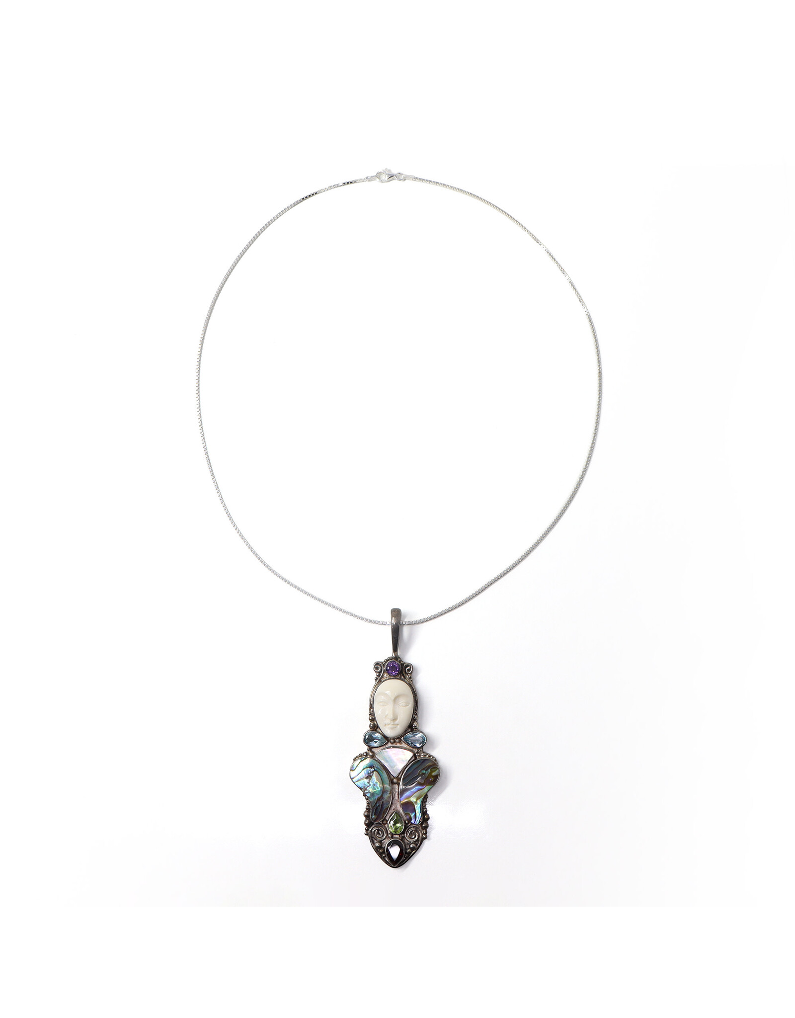 Elongated Sterling Brooch with Carved Bone Face and Assorted Gemstones on Sterling Box Chain