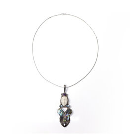 Elongated Sterling Brooch with Carved Bone Face and Assorted Gemstones on Sterling Box Chain