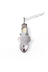 Elongated Sterling Brooch with Carved Bone Face and Assorted Gemstones on Sterling Box Chain