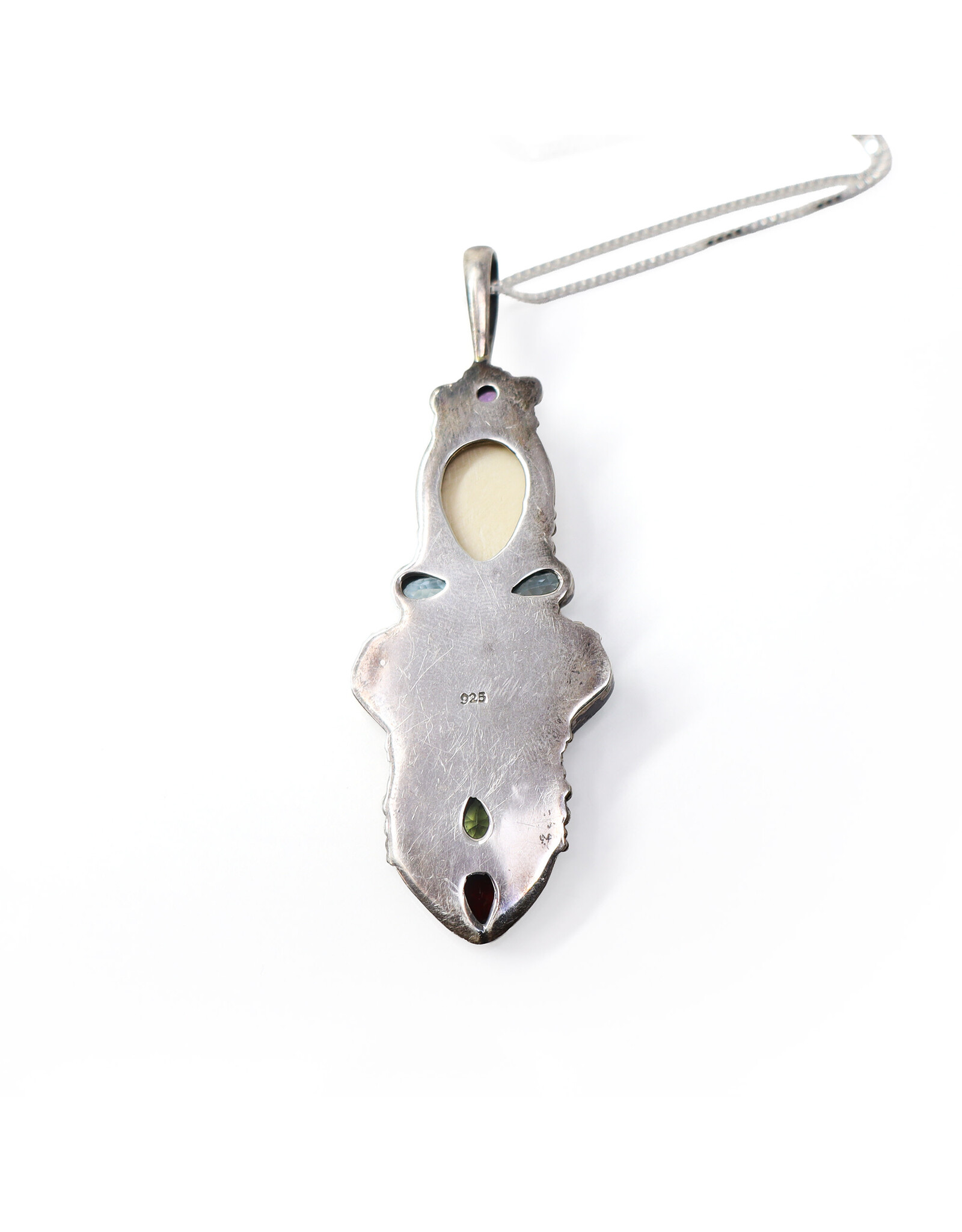 Elongated Sterling Brooch with Carved Bone Face and Assorted Gemstones on Sterling Box Chain