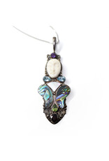 Elongated Sterling Brooch with Carved Bone Face and Assorted Gemstones on Sterling Box Chain