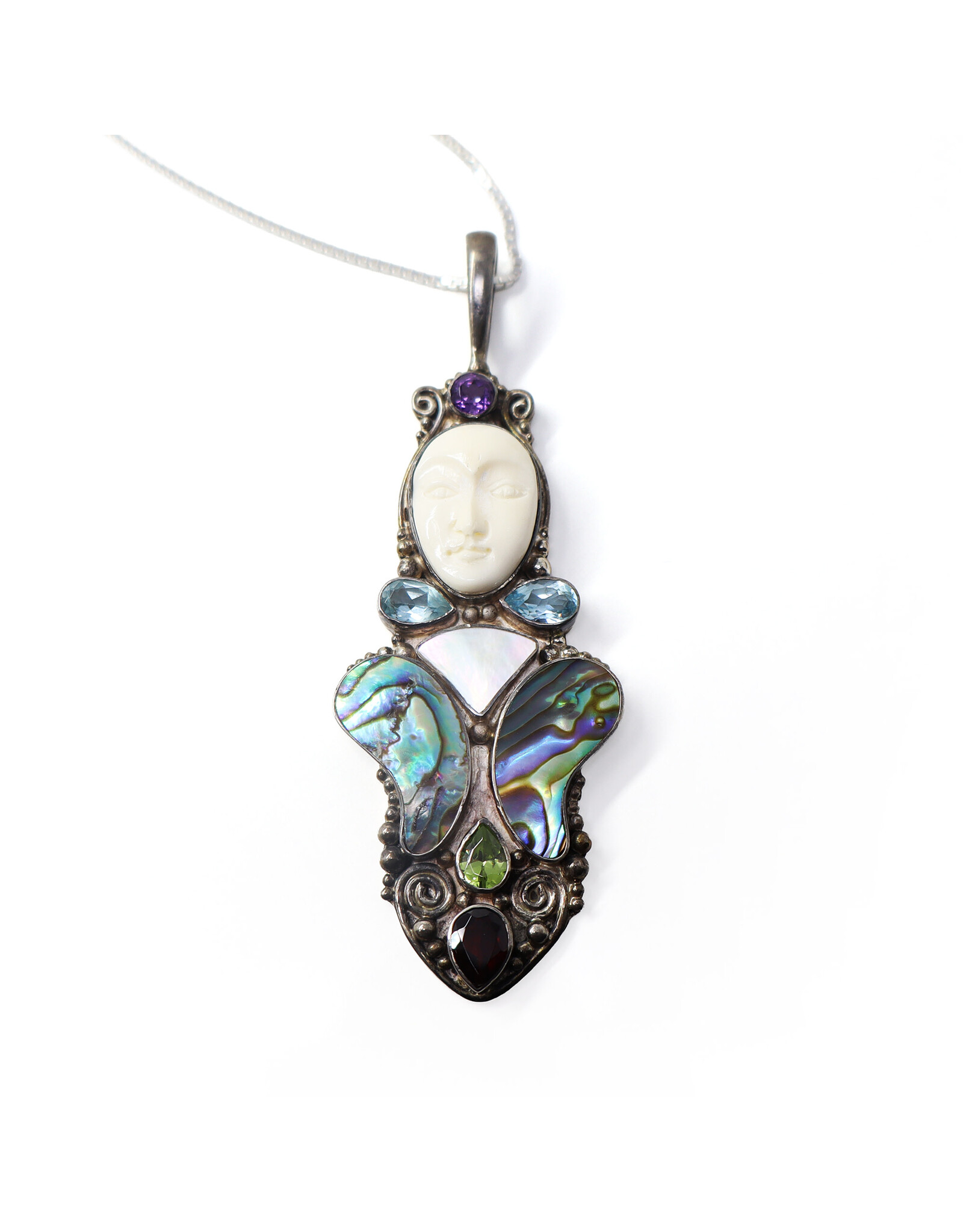 Elongated Sterling Brooch with Carved Bone Face and Assorted Gemstones on Sterling Box Chain