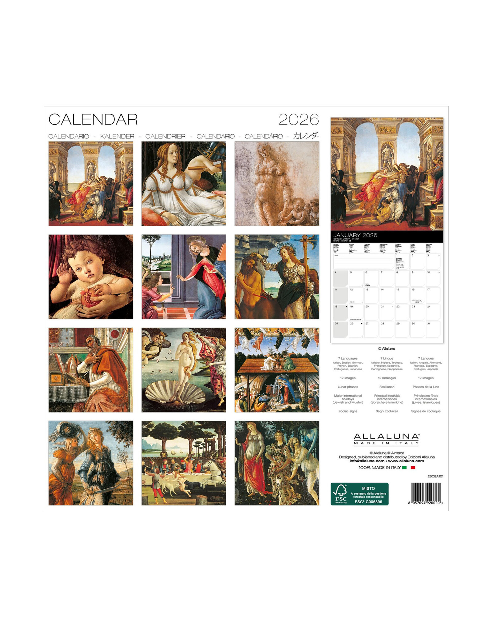 Allaluna Botticelli 2026 12x12 Wall Calendar