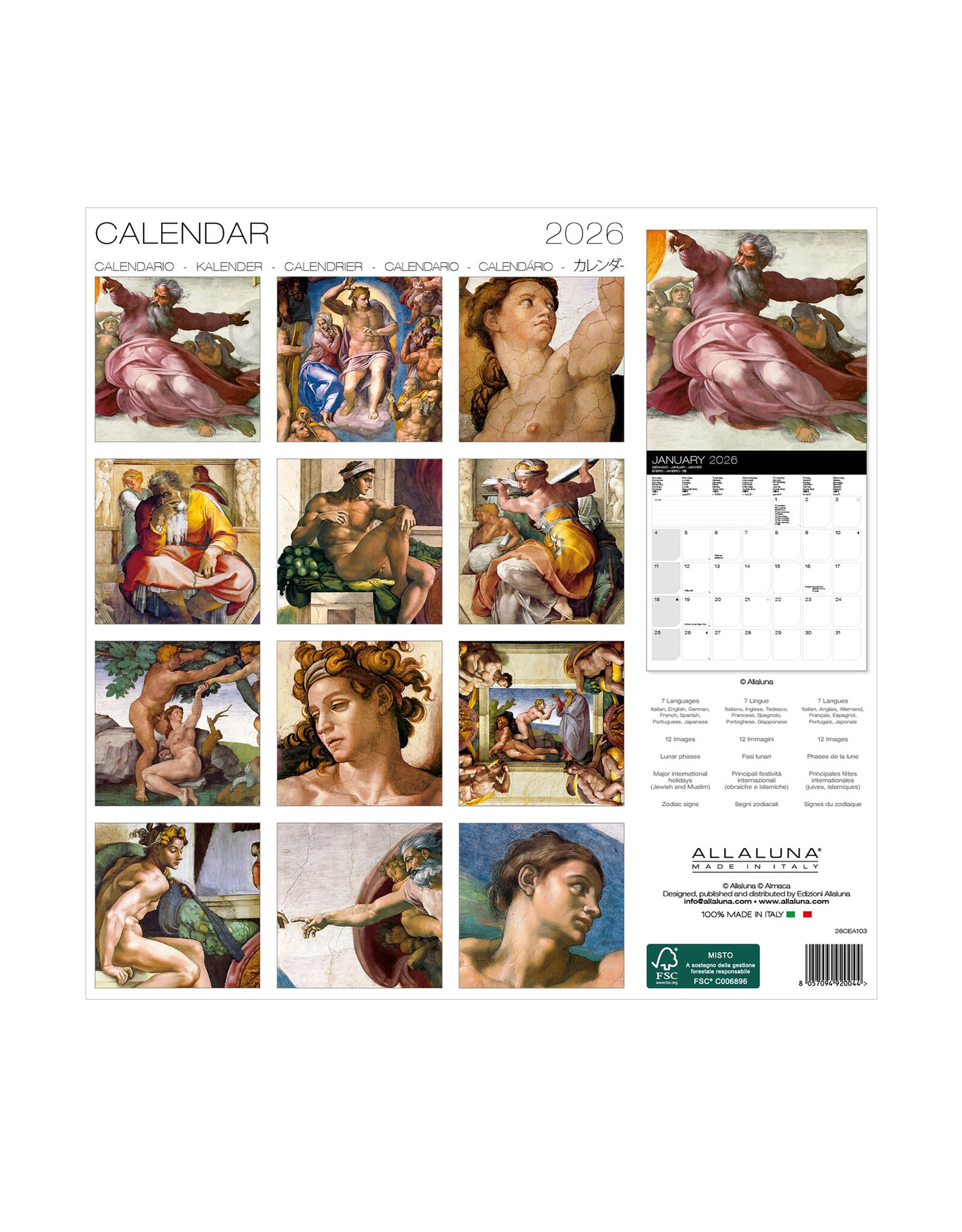Allaluna Michelangelo 2026 12x12 Wall Calendar