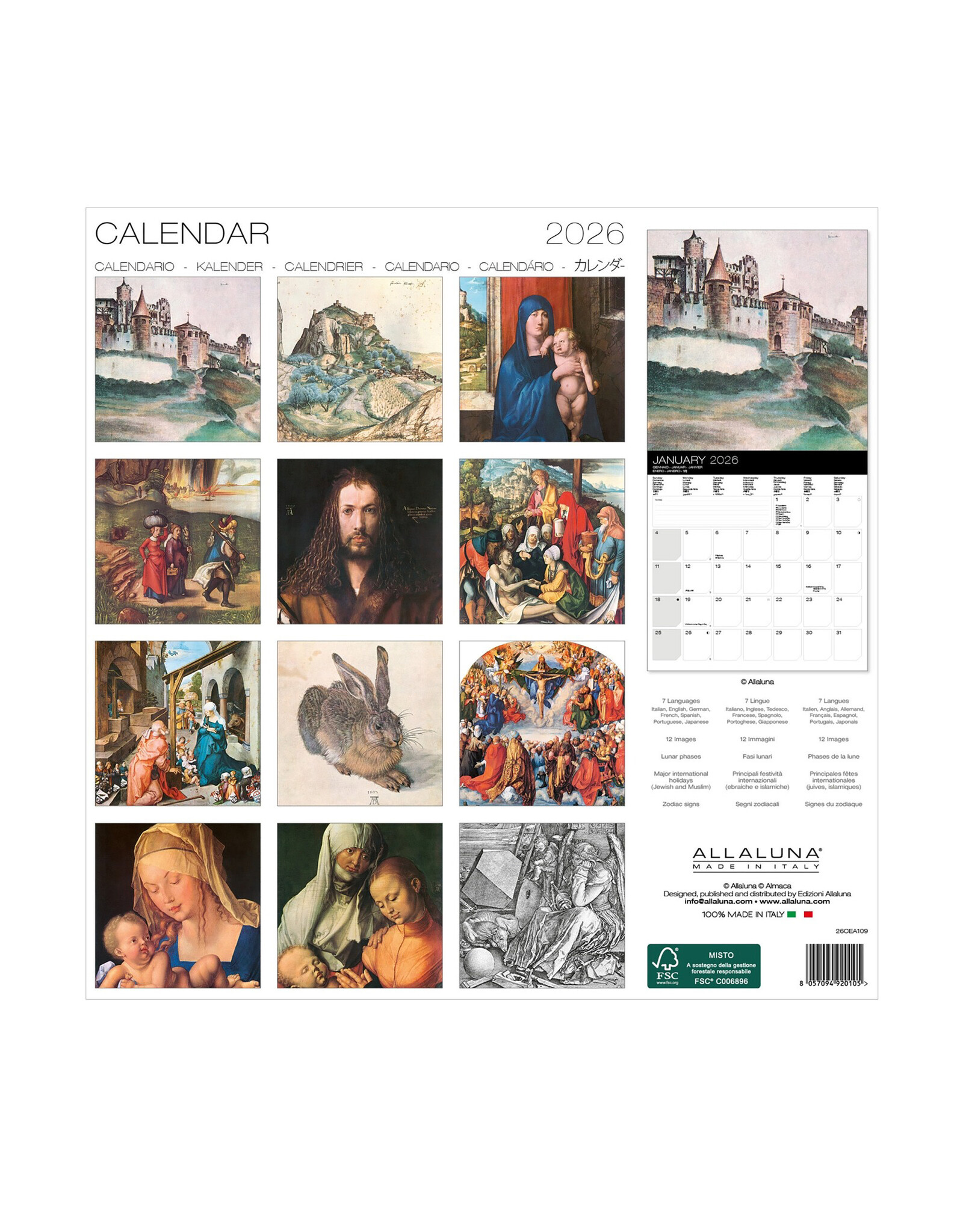 Allaluna Albrect Dürer 2026 12x12 Wall Calendar