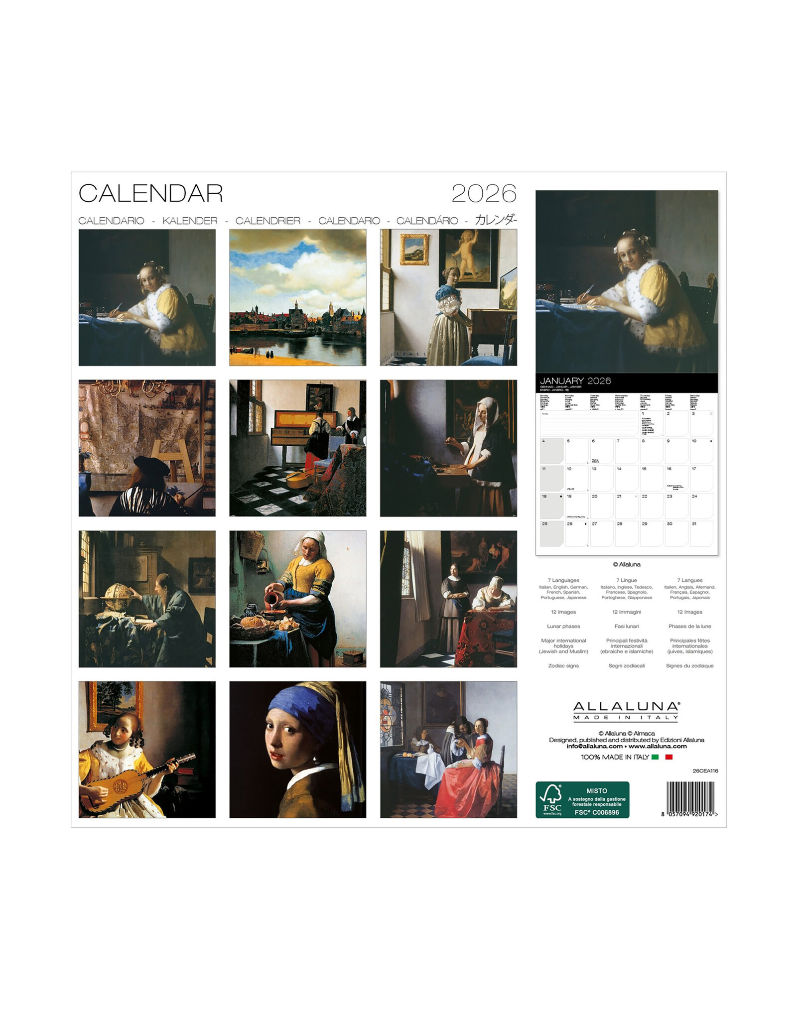 Allaluna Vermeer 2026 12x12 Wall Calendar