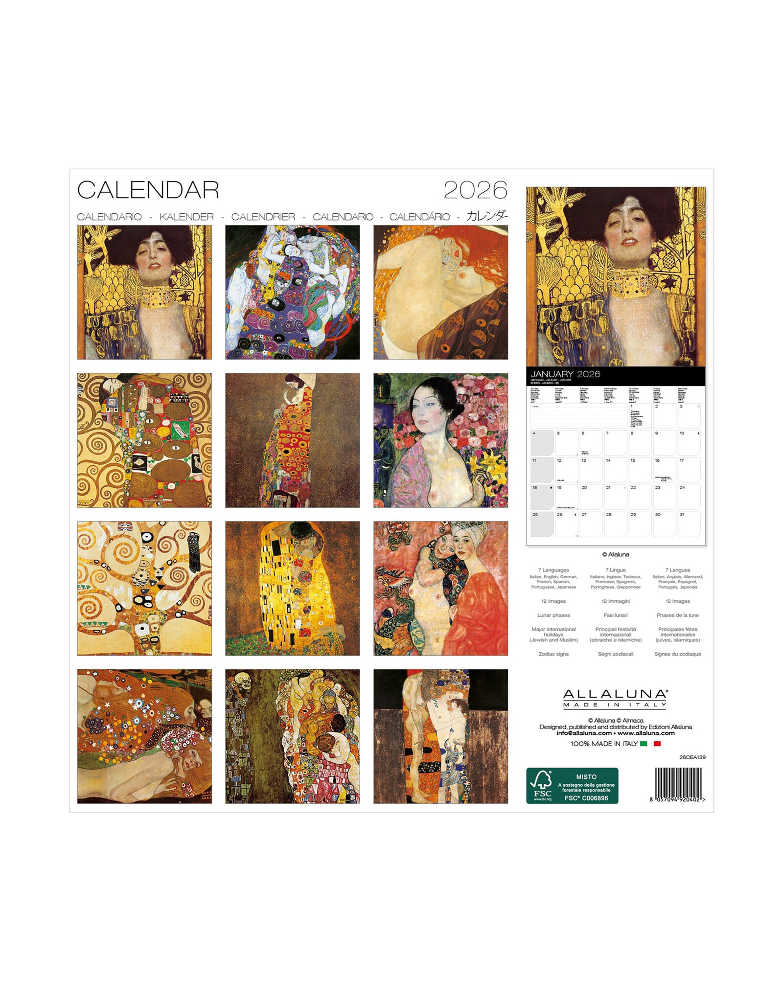 Allaluna Klimt 2026 12x12 Wall Calendar