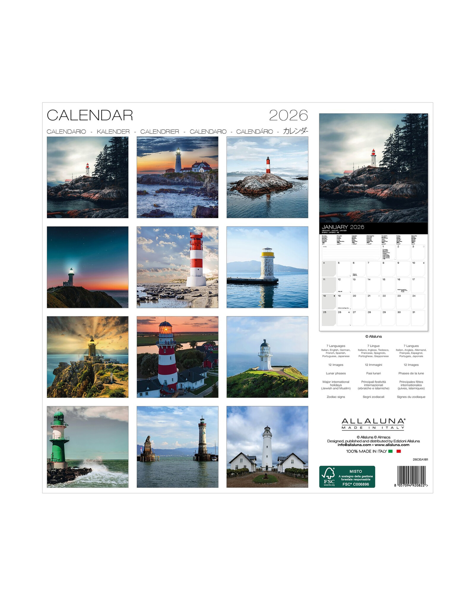 Allaluna Lighthouses 2026 12x12 Wall Calendar