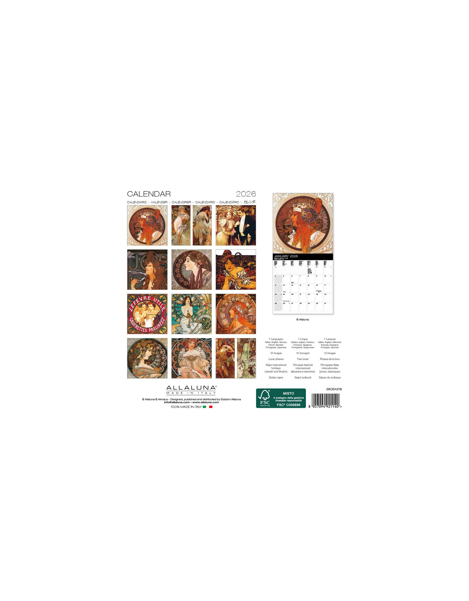 Allaluna Mucha 2026 7x7 Small Wall Calendar