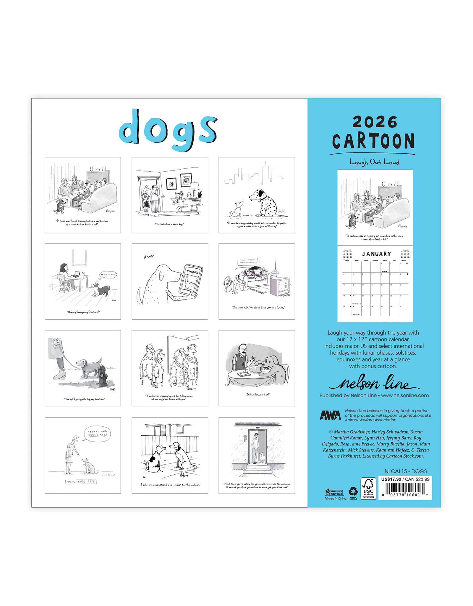 Nelson Line Studio Dogs 2026 12x12 Cartoon Wall Calendar