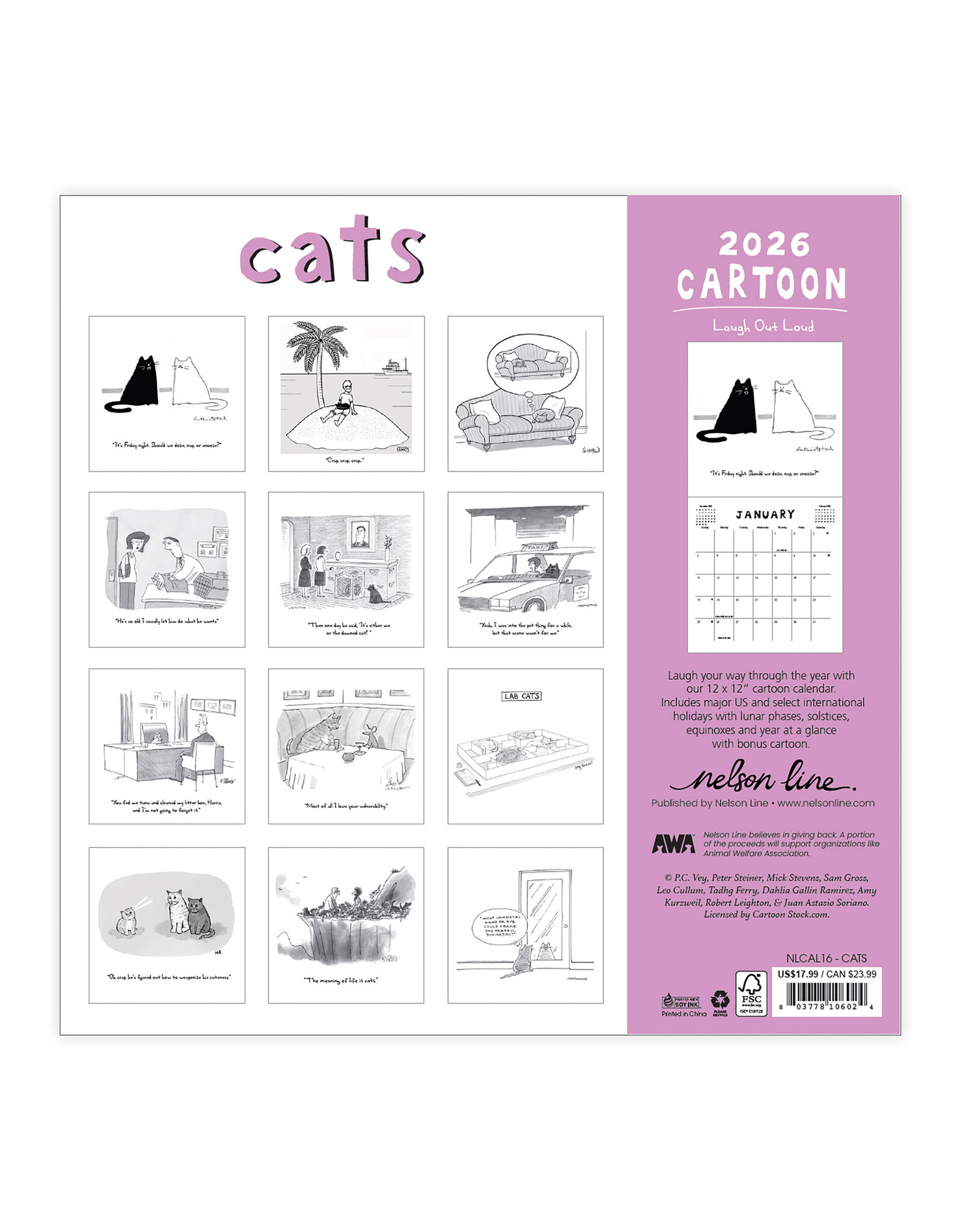 Nelson Line Studio Cats 2026 12x12 Cartoon Wall Calendar