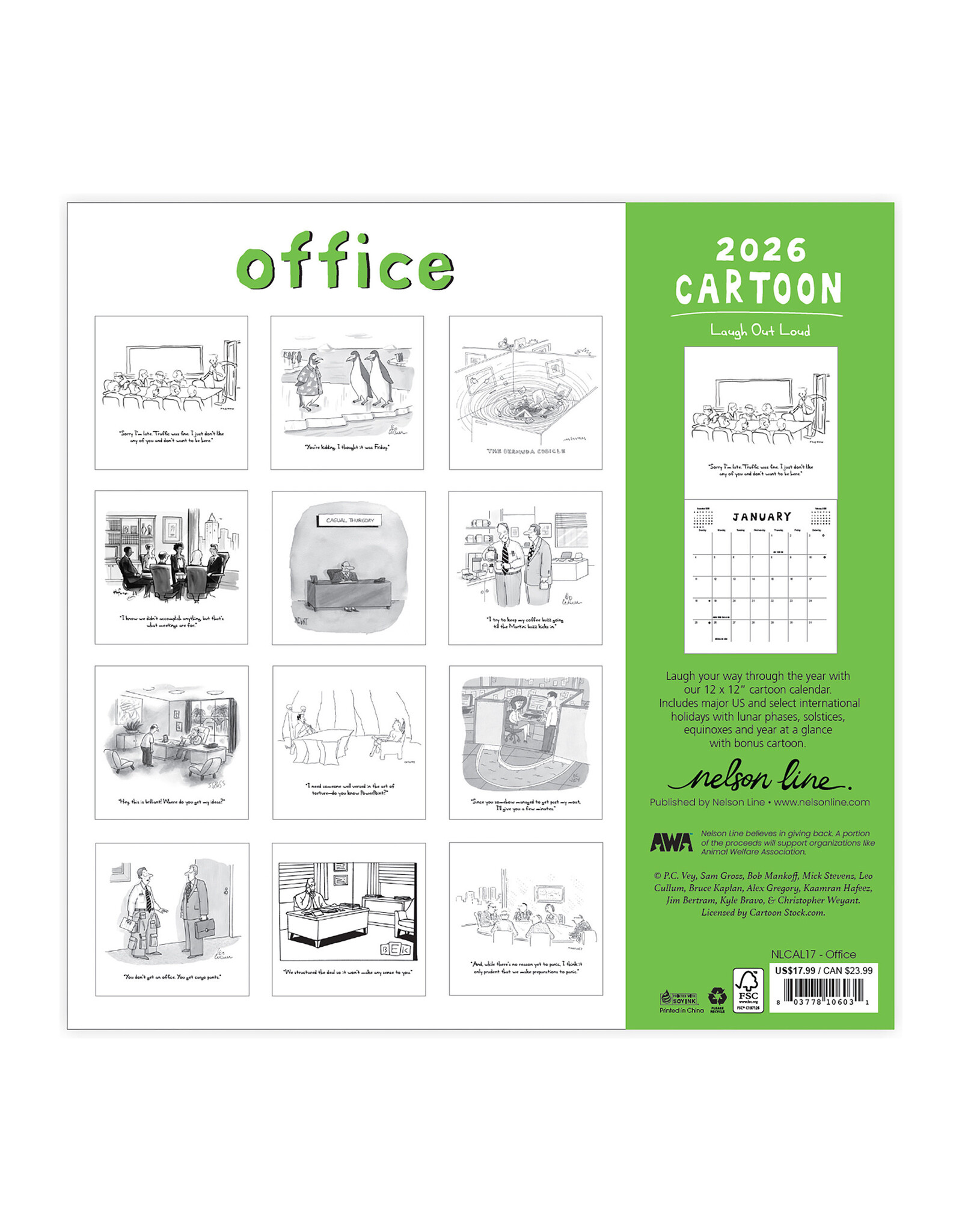 Nelson Line Studio Office 2026 12x12 Cartoon Wall Calendar