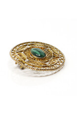 Round Gold-Colored Sterling Brooch with Green Stone