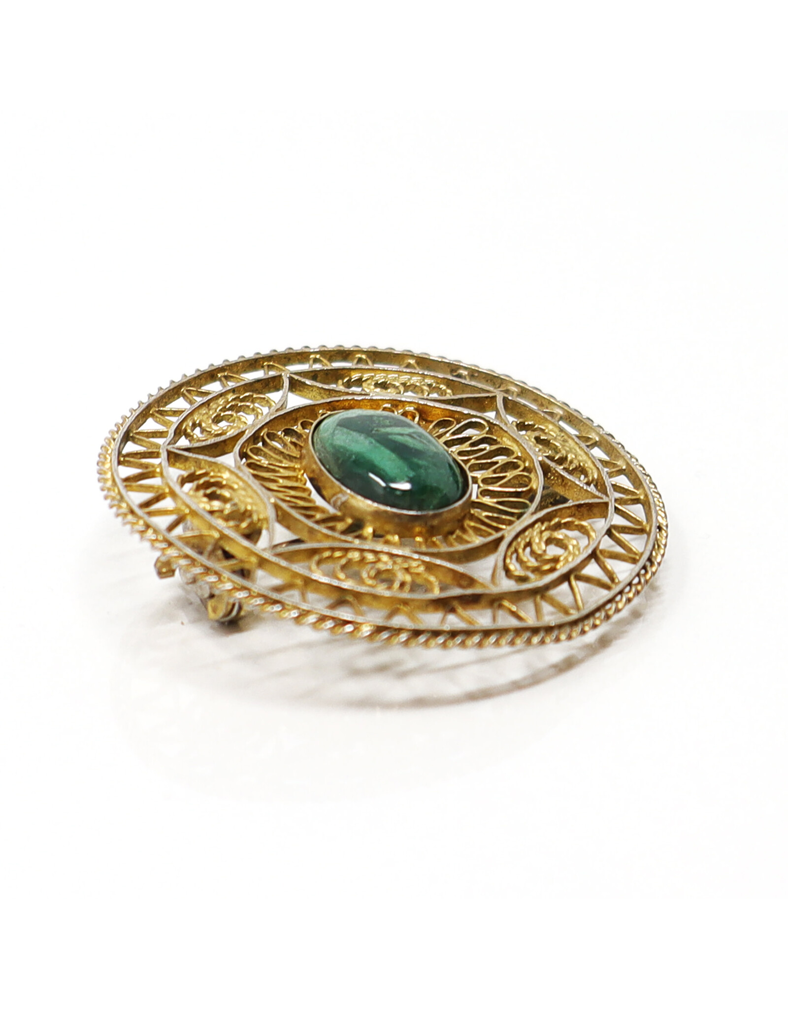 Round Gold-Colored Sterling Brooch with Green Stone