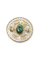 Round Gold-Colored Sterling Brooch with Green Stone