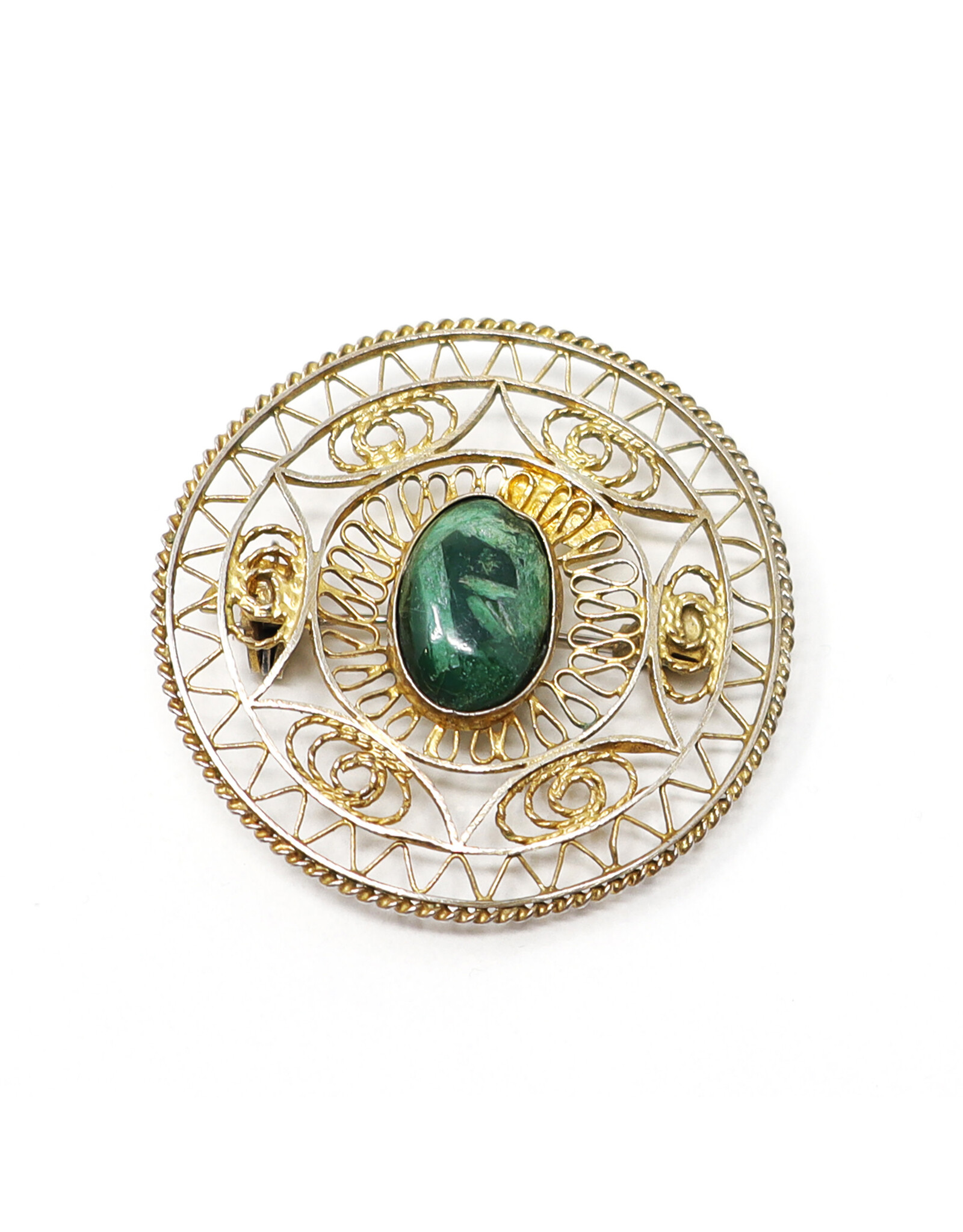 Round Gold-Colored Sterling Brooch with Green Stone