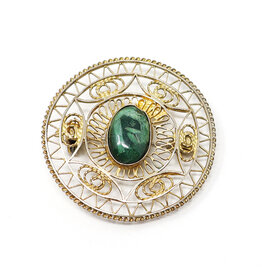 Round Gold-Colored Sterling Brooch with Green Stone