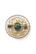 Round Gold-Colored Sterling Brooch with Green Stone