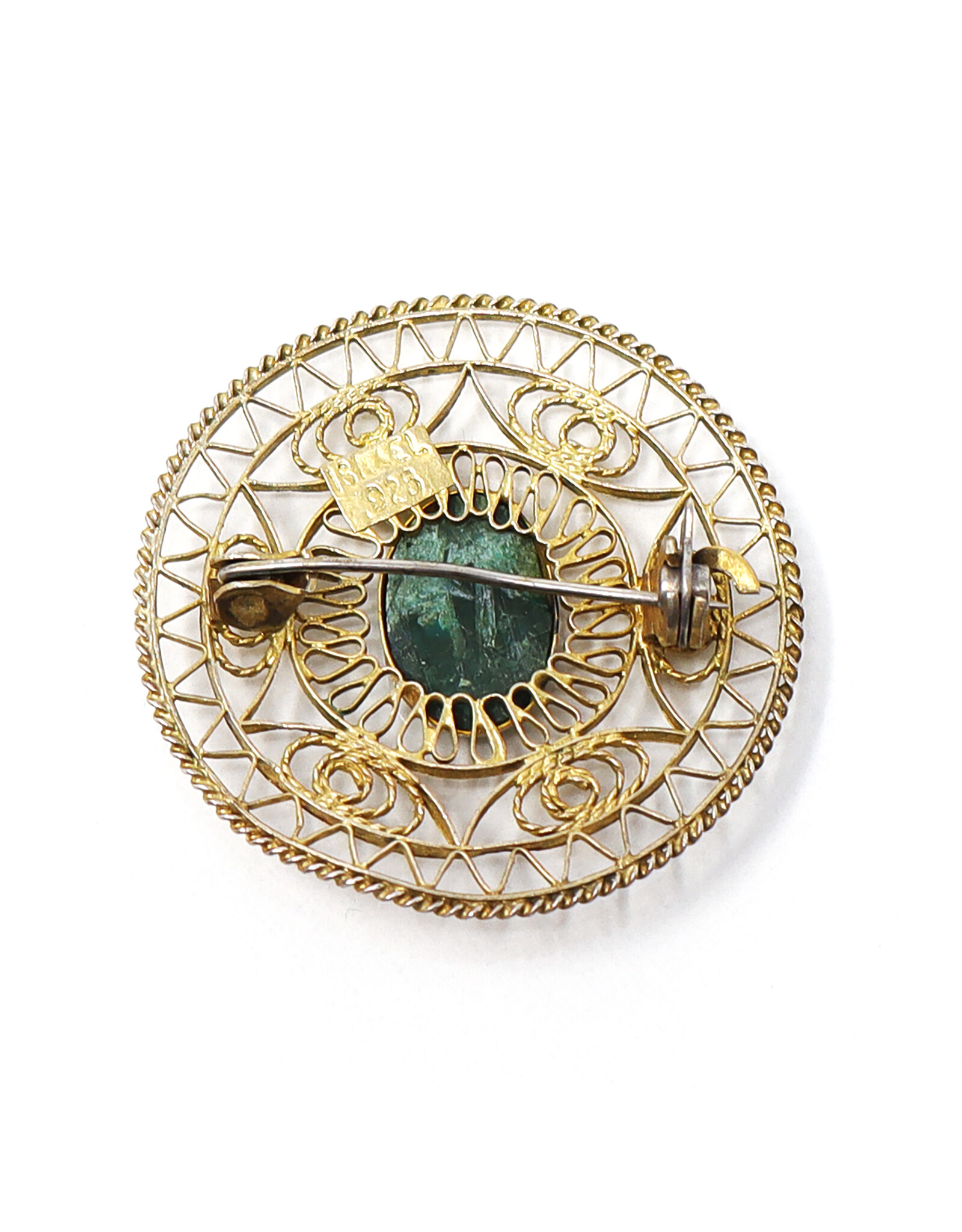 Round Gold-Colored Sterling Brooch with Green Stone
