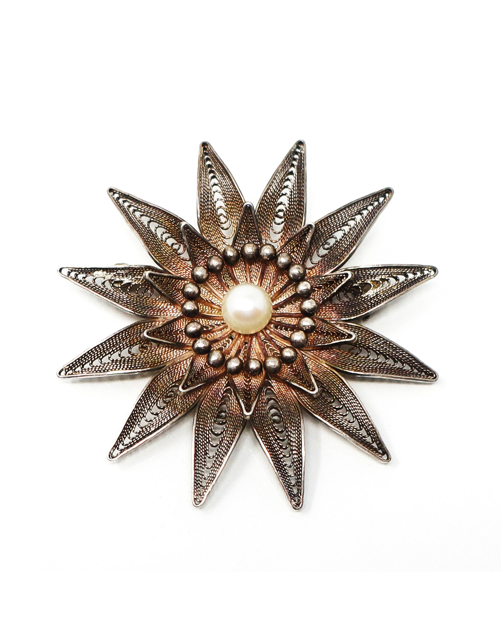 Vintage Sterling Filigree Flower Brooch with Pearl Center Surrounded by Stamens