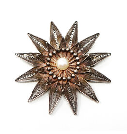 Vintage Sterling Filigree Flower Brooch with Pearl Center Surrounded by Stamens
