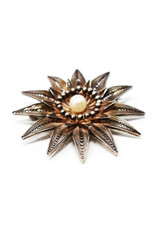Vintage Sterling Filigree Flower Brooch with Pearl Center Surrounded by Stamens