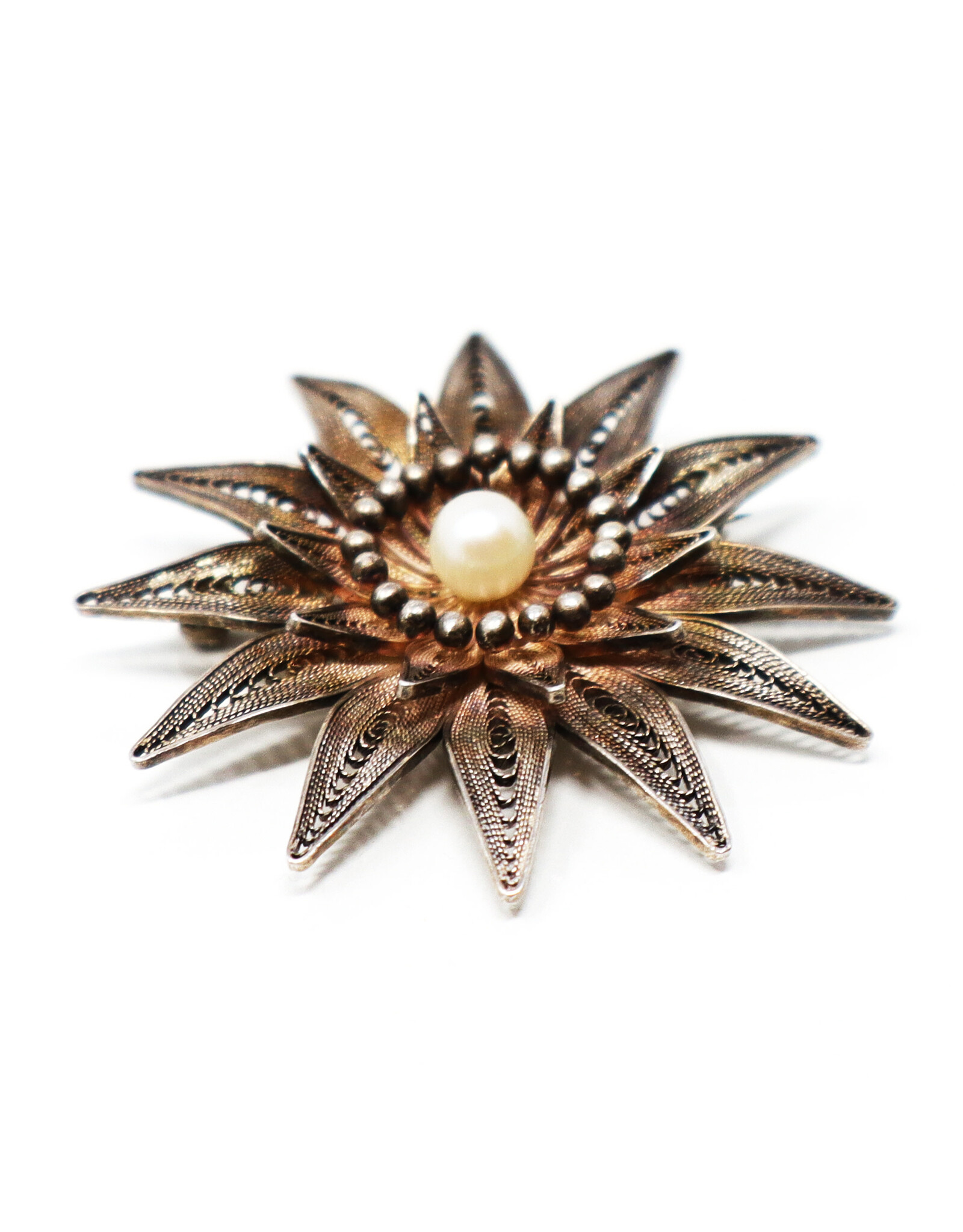 Vintage Sterling Filigree Flower Brooch with Pearl Center Surrounded by Stamens
