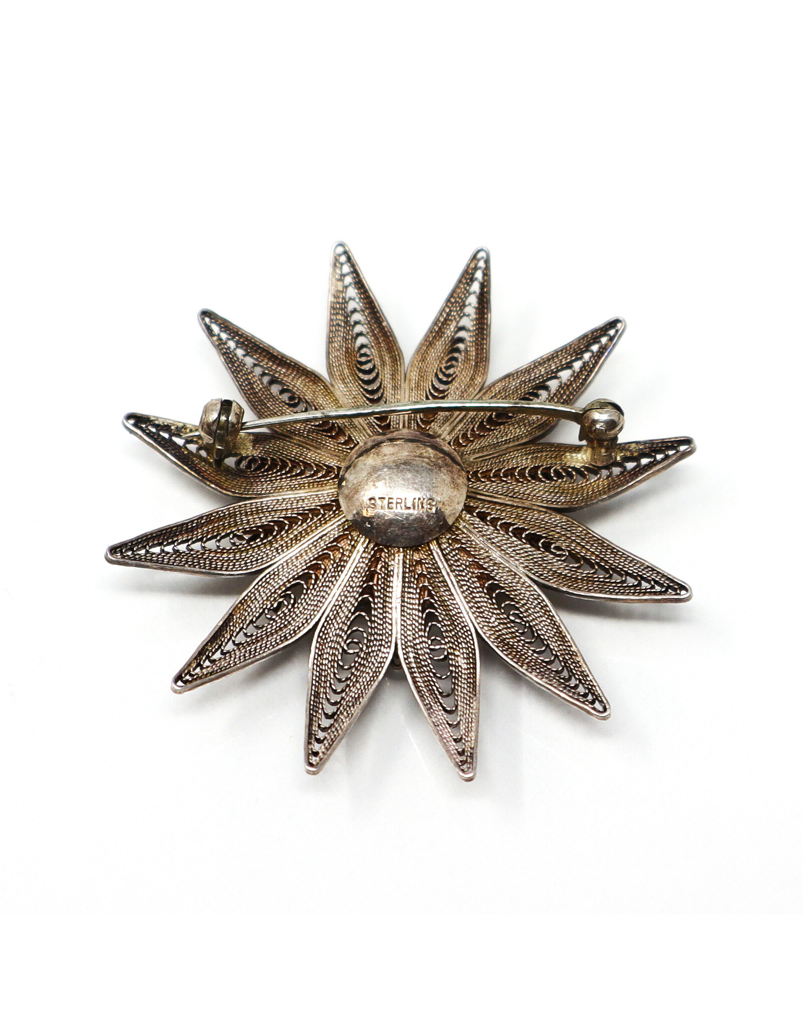 Vintage Sterling Filigree Flower Brooch with Pearl Center Surrounded by Stamens
