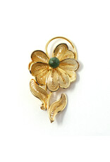 12K Gold-Fill Filigree Flower Brooch with Green Stone